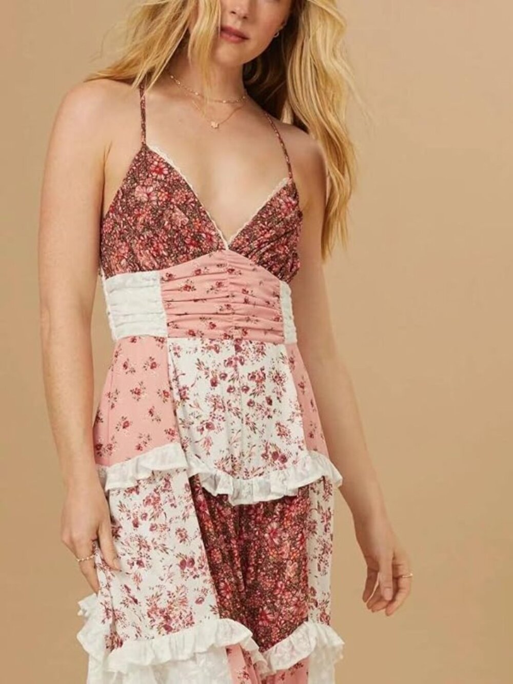 Womens Lace Patchwork Floral Maxi Dress Spaghetti Strap Sexy Backless Ruffle Tie